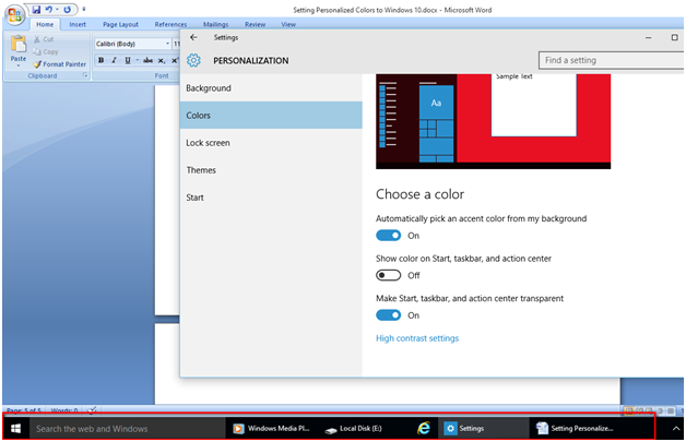 color of the task bar